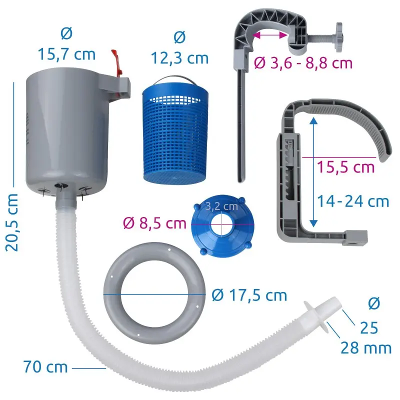 your GEAR Skimmer Duo Pool Einhängeskimmer, Set bestehend aus Skimmer, Filterkorb, Adapter, Schlauch und Befestigungsklemmen, mit Maßangaben für verschiedene Pooltypen, geeignet für Luftring- und Stahlrahmenpools.