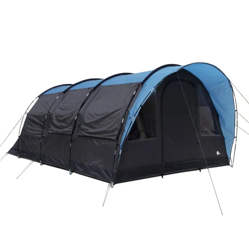 Tente tunnel your GEAR Bora 5 personnes, spacieuse et étanche, avec grande hauteur sous plafond, auvent, fenêtres latérales et double couleur bleu-noir, idéale pour le camping en famille.
