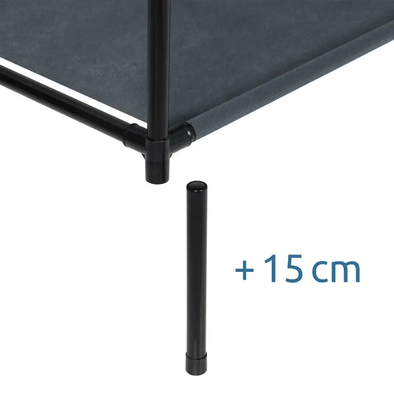Close-up of yourGEAR Grado fabric wardrobe leg with detachable 15 cm extension, showing sturdy black metal frame and grey shelf, highlighting adjustable height feature for flexible storage.