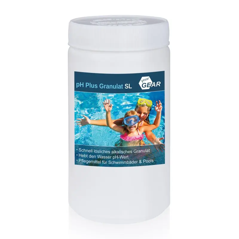 yourGEAR 1 kg pH Plus Granulat SL pool chemical in a white plastic container, blue label with swimming children, used for raising pool water pH, fast-dissolving granules, suitable for pools and swimming pools.