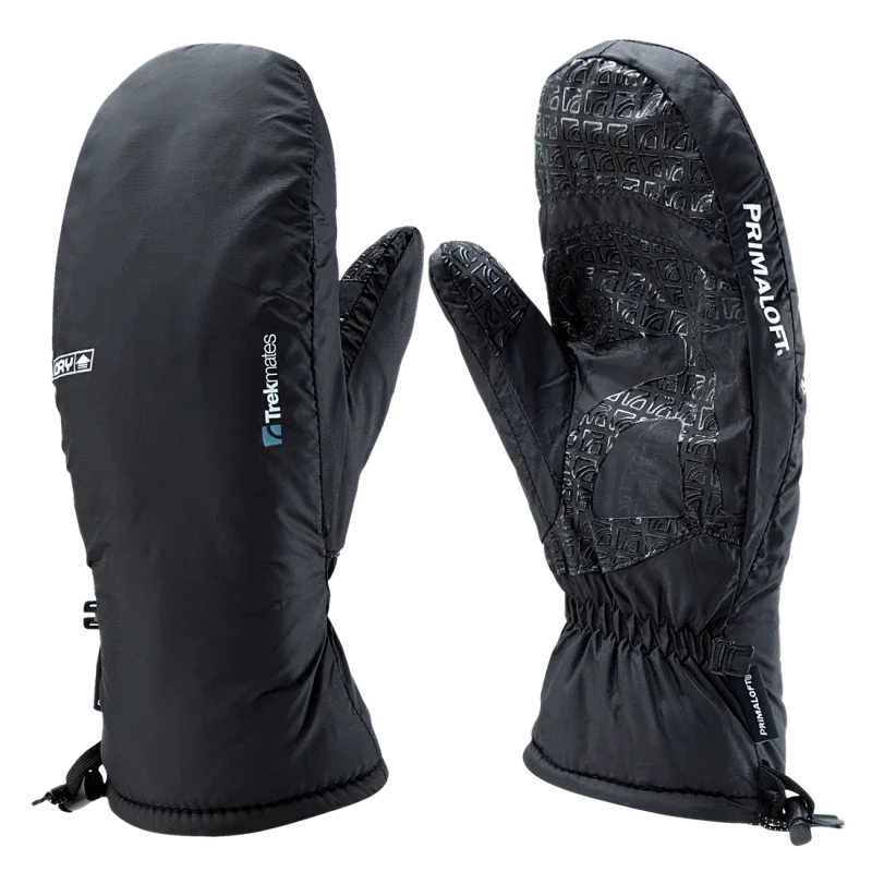 Black Trekmates Kinner XS women’s mittens with DRY waterproof membrane, Primaloft insulation, soft inner lining, and textured palm for grip. Features Trekmates and Primaloft logos, elastic cuffs, and adjustable wrist cords.