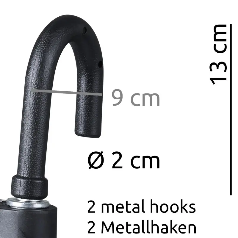 Gancio metallico della scala telescopica your GEAR Pescara, nero, lunghezza 13 cm, diametro 2 cm, profondità 9 cm, ideale per fissaggio su tetti di camper e van, indicato nelle misure.