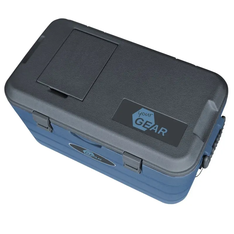 yourGEAR Coolah 40 L Kühlbox, blaue passive Isolierbox mit schwarzem Deckel, zwei Verschlüssen, Tragegriff und Logo. Ideal zum Kühlen und Warmhalten von Lebensmitteln, robuste PU-Thermo-Box.