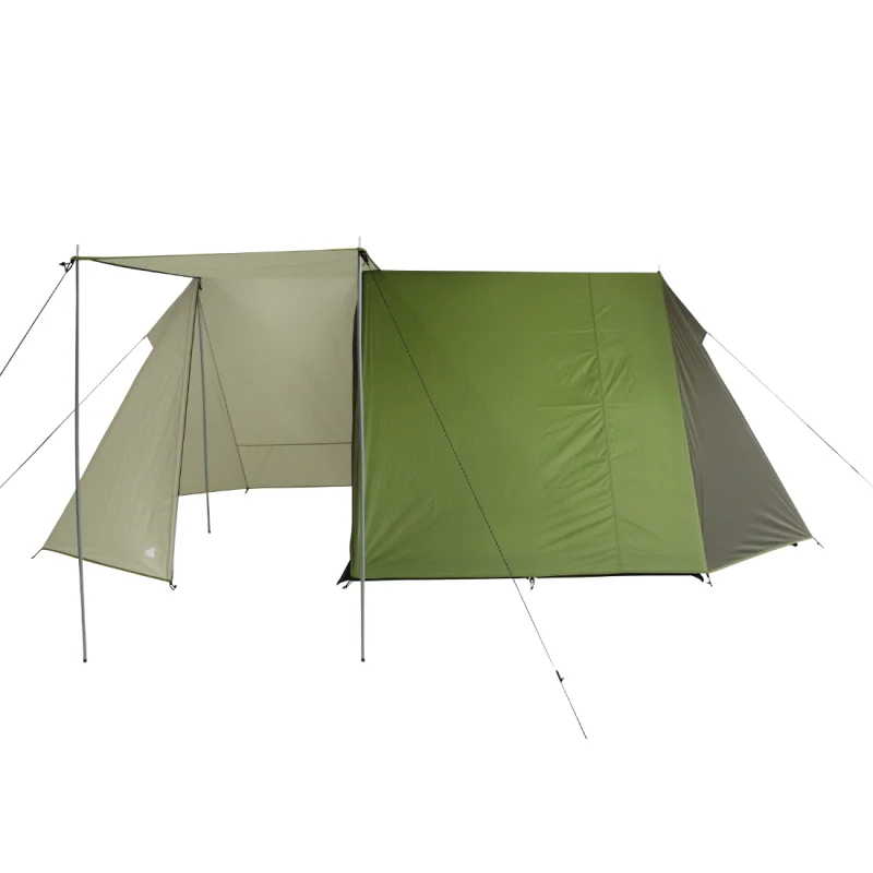 Tente de camping 10T Mungaroo 3 personnes, couleur vert et beige, forme de maison avec auvent, grande hauteur sous plafond, imperméable 3000 mm, adaptée aux familles et activités de plein air.