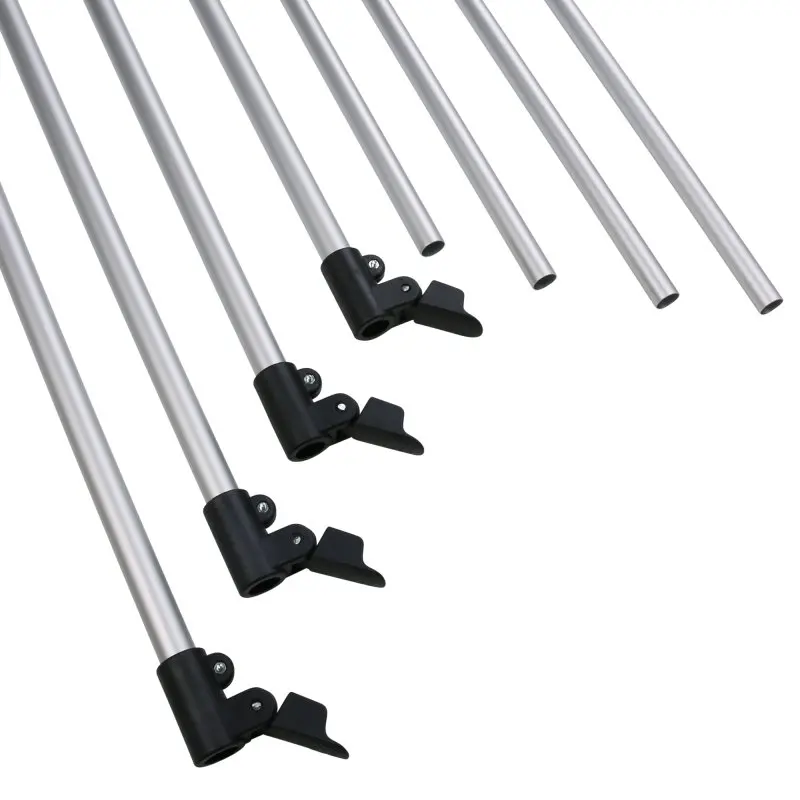 Teleskopierbares your GEAR Pole Set Windbreak aus matt eloxiertem Aluminium, bestehend aus 4 Stangen mit schwarzen Schnellspannern, ideal für Wind- und Sichtschutz, Länge verstellbar von 100 bis 180 cm.