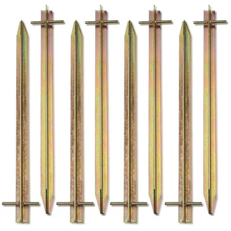 Set di 8 picchetti da tenda your GEAR TX 400 in acciaio, profilo a T, robusti e lunghi 400 mm, ideali per fissaggio tende grandi, superficie dorata, estremità a punta e barra trasversale superiore.