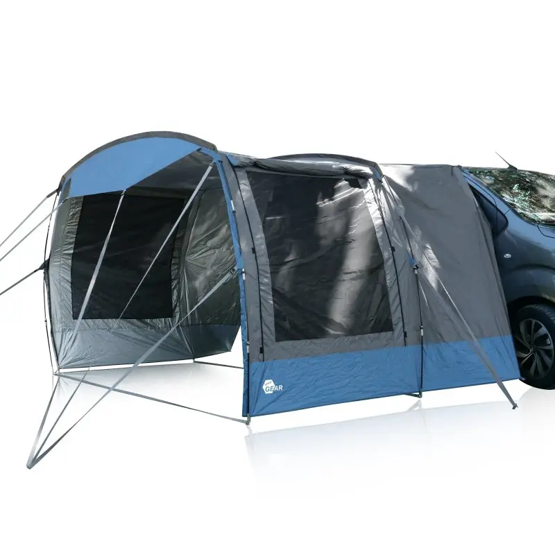Busvorzelt your GEAR Panarea 320, grau-blau, mit großen Fenstern, Sonnendach, UV 50+ Schutz, wasserdicht, an einem Van befestigt, geeignet für Anschlusshöhe 180–210 cm, stabile Gestängekonstruktion.