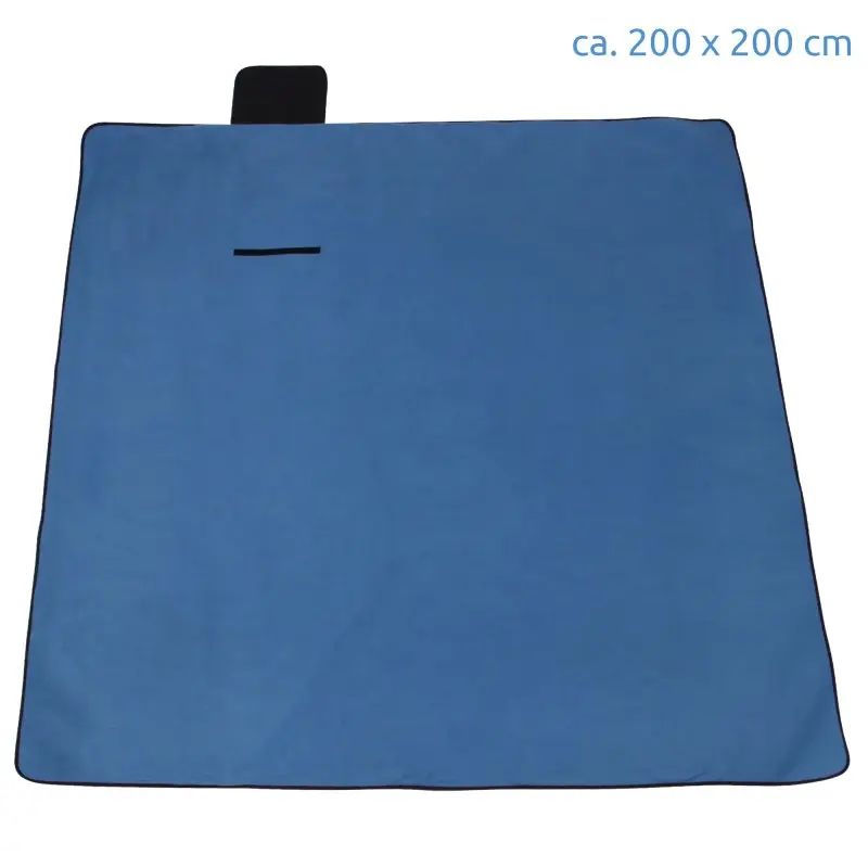 Blue yourGEAR XL picnic blanket, approx. 200x200 cm, soft fleece surface, black edge trim, small pocket, and foldable design with a carrying flap. Ideal for outdoor, waterproof and insulated for camping or beach.