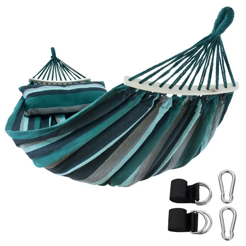 yourGEAR Bali Smaragd Hängematte 220x120 cm aus gestreifter Baumwolle, mit Holzstangen, passendem Kissen und Befestigungs-Set (Karabiner, Gurte), maximale Belastung 240 kg, für drinnen und draußen.