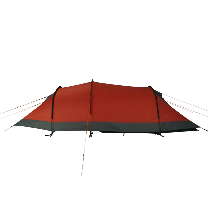 Tente de trekking 10T Silicone Valley pour 3 personnes, forme tunnel, tissu rouge et gris, imperméable 5000mm, haubans visibles, adaptée au camping et aux randonnées.