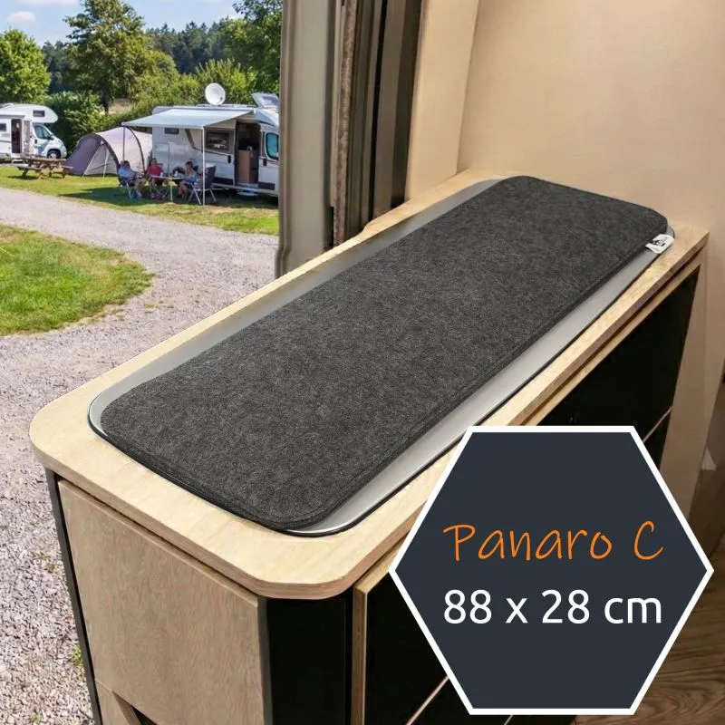 Cubierta para cocina de camper your GEAR Panaro C, funda de fieltro gris oscuro de 4,8 mm sobre tapa de vitrocerámica, forma rectangular 89x28 cm, reduce vibraciones y protege la encimera en autocaravana.