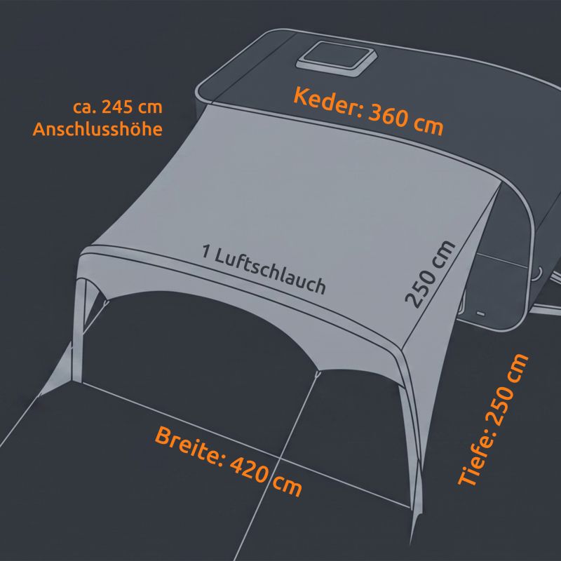 Auvent gonflable your GEAR Caravan Amalfi Air 4.2 gris, fixation keder 360 cm, hauteur d'attache env. 245 cm, structure à 1 tuyau d'air, grande toile courbée et poteaux intégrés pour protection solaire UV50+.