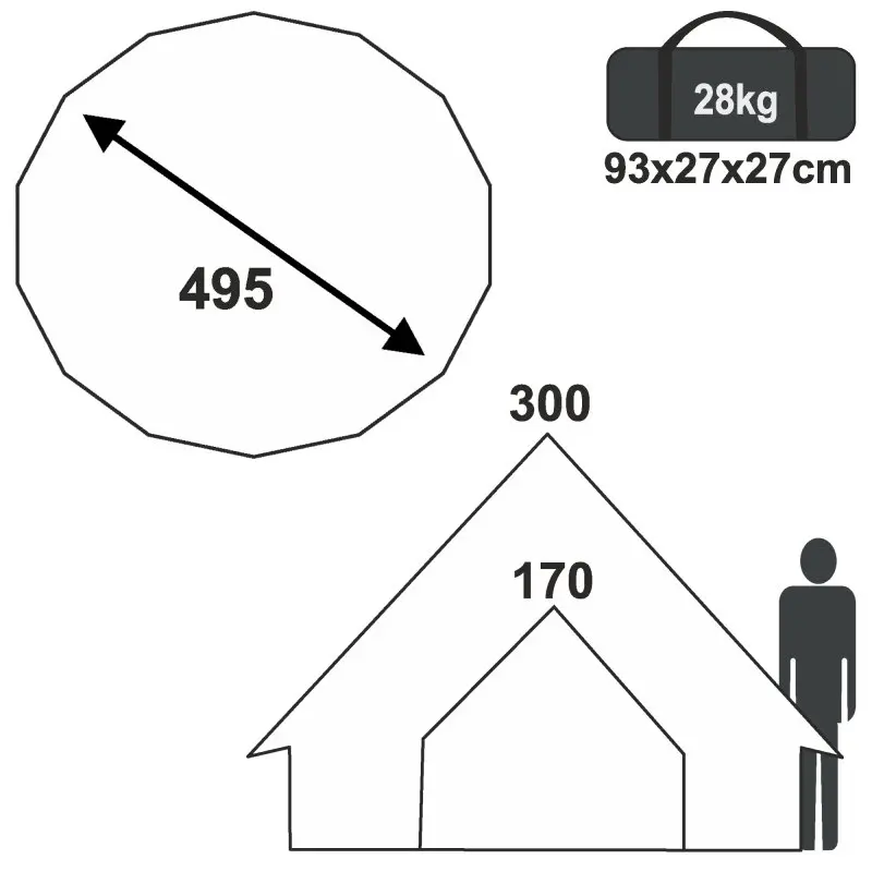 Skizze des yourGEAR Zelt Desert 10 Pro: Durchmesser 495 cm, Höhe 300 cm, Eingangshöhe 170 cm, Gewicht 28 kg, Packmaß 93x27x27 cm – geräumiges Familien-Tipi aus Baumwoll-Mischgewebe.