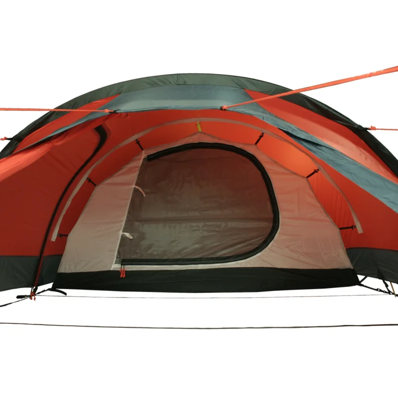 Tente 10T Silicone Valley 3 places, imperméable 5000mm, forme dôme, entrée frontale zippée, double-toit siliconé rouge et gris, idéale pour trekking et camping, vue de face avec abside ouverte.