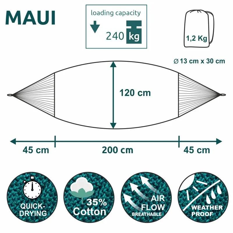 yourGEAR Maui Smaragd Hängematte, 200x120 cm, 240 kg Tragkraft, 35% Baumwolle, atmungsaktiv, wetterfest, schnell trocknend, inkl. Packtasche (13x30 cm), Gewicht 1,2 kg, ideal für drinnen und draußen.