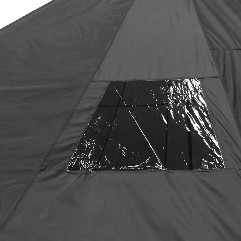 Detailansicht des your GEAR Ravello 400 Tipizelts mit transparentem Fenster im robusten, wasserdichten Zeltstoff; zeigt wetterfestes Familienzelt für 4–6 Personen mit fest eingenähtem Boden.