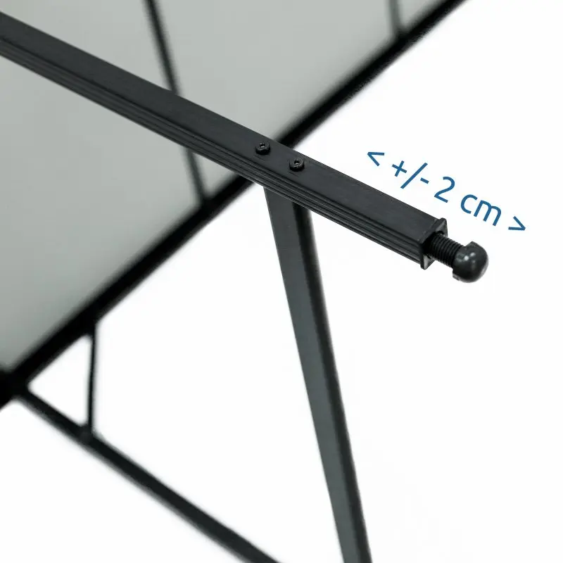 Pied réglable du your GEAR Campingtisch Tivoli XL, structure en aluminium noir, réglage en hauteur de +/- 2 cm visible, adapté pour l’extérieur, idéal comme table de camping ou de jardin, surface résistante à l’eau.