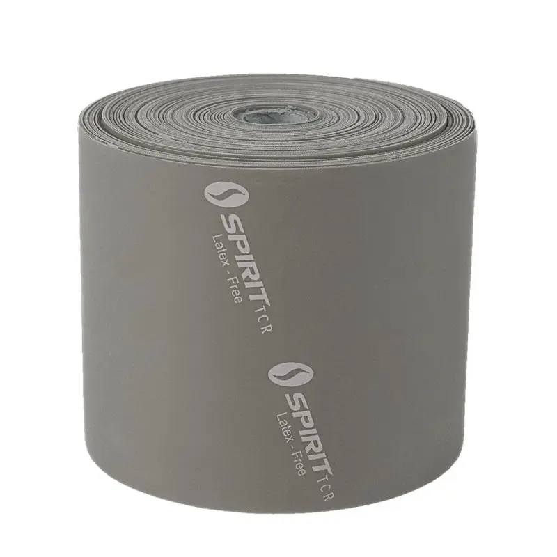Gray Spirit Fitnessband roll, 22.8 meters long, latex-free, with visible "Spirit TCR" branding. Suitable for resistance training at all fitness levels, strength: 22.5 kg. Ideal for home or gym workouts.