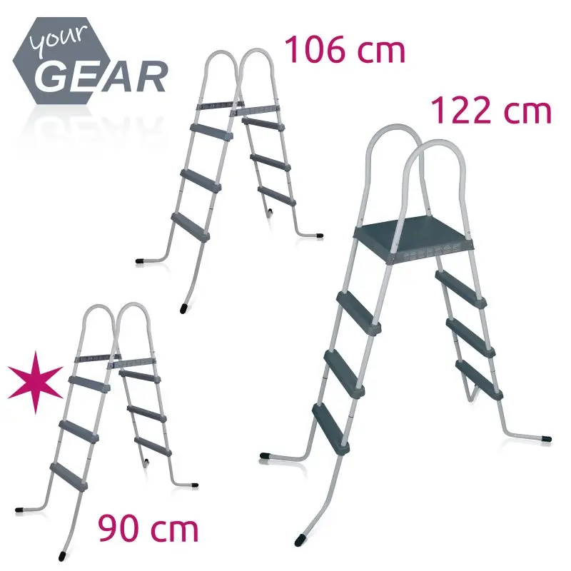 yourGEAR PL90 pool ladder for above ground pools up to 90 cm wall height, shown in gray with three wide steps and handrails, sturdy frame, non-slip feet, suitable for easy and safe pool entry and exit.