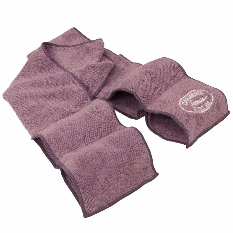Purple Carnegie Yoga microfiber strap towel, 120x20 cm, with stitched loops and embroidered logo, designed for stretching, fitness, and yoga support. Absorbent material, suitable as a stretching aid and workout accessory.