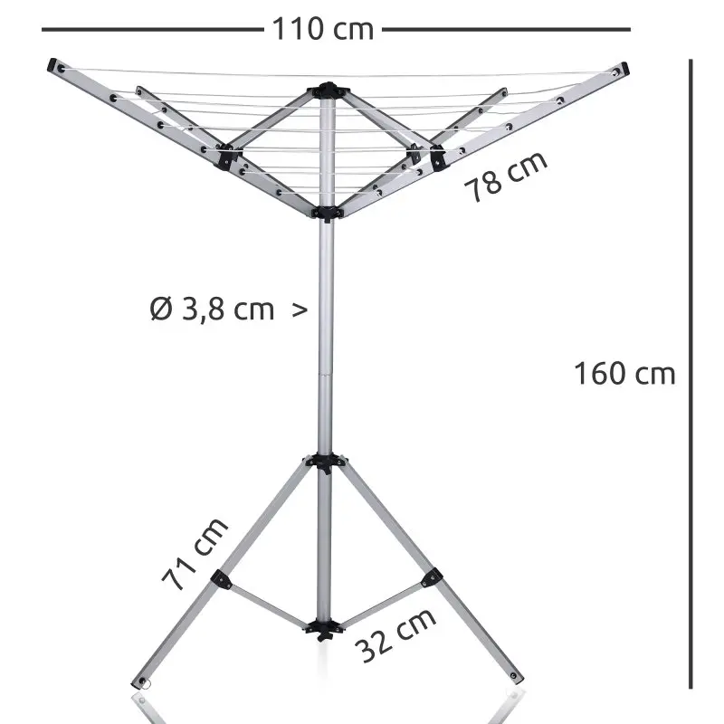 Tendedero de aluminio your GEAR Siena para caravanas, 4 brazos, altura 160 cm, ancho 110 cm, soporte de pie y fijación al soporte de rueda, ligero, ideal para camping y exteriores.