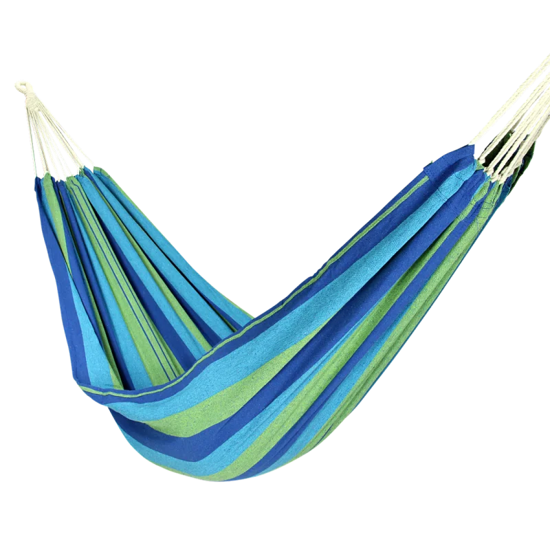 Hängematte 10T AzurinXL für 1 Person, 220x110 cm, aus 100% Baumwolle mit blauen und grünen Streifen, stabile Seilaufhängung, ideal für Garten, Balkon oder Camping, inklusive Befestigungsset.