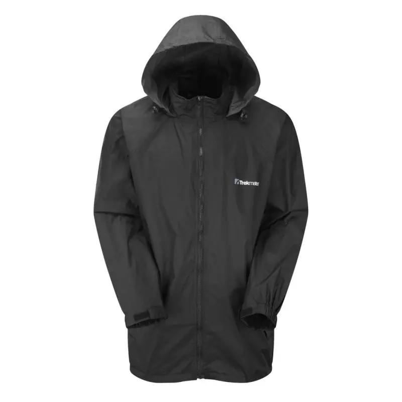 Black Trekmates waterproof windbreaker jacket for men and women, featuring a hood with drawstring, front zipper with flap, sealed seams, and elastic cuffs; made of 100% nylon, ideal for outdoor use.
