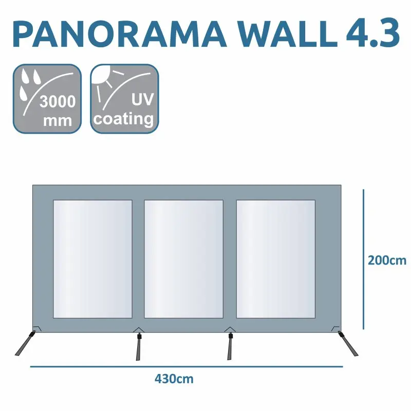 Graue your GEAR Panorama Wall 4,3 x 2 m für Markisen, mit drei großen Fensterflächen, 3000 mm Wassersäule und UV-Schutz, Maße 430 x 200 cm, ideal als Wind-, Sonnen- und Regenschutz für Campingfahrzeuge.