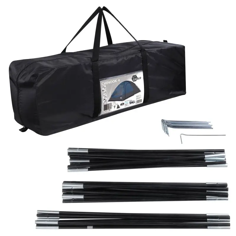 Bolsa de transporte negra your GEAR Chinook 4 con imagen del modelo de tienda, incluye varillas de fibra de vidrio y piquetas metálicas, ideal para tienda de campaña familiar de 4 personas.