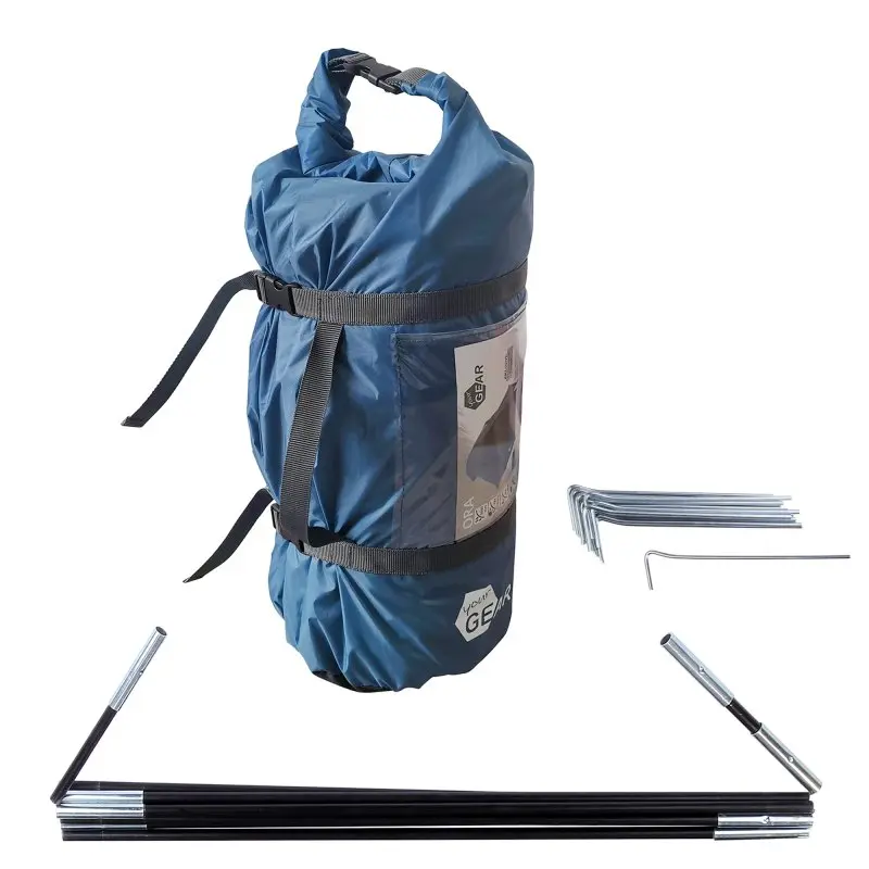 Tente your GEAR ORA 2 personnes avec sac de compression bleu, arceaux, piquets et haubans inclus, idéale pour le trekking, protection UV 50+, imperméable 5000 mm, compacte pour le transport.
