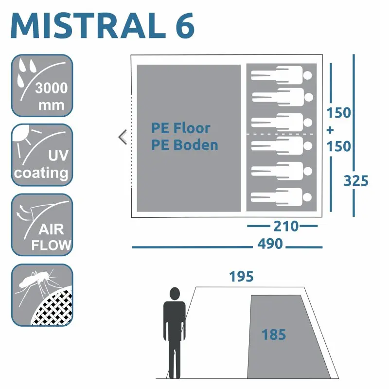 Plan du your GEAR Mistral 6, tente tunnel familiale 6 personnes, dimensions 490x325x195 cm, sol PE, protection UV 50+, imperméabilité 3000 mm, ventilation, moustiquaire, deux cabines de couchage séparées.