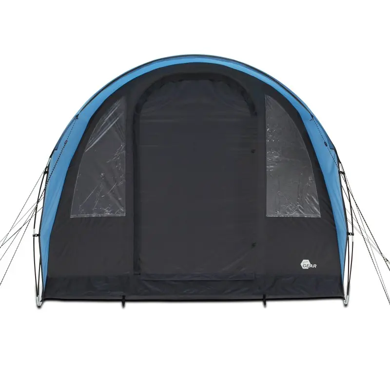 Tunnelzelt your GEAR Bora 4 für 4 Personen, blau-schwarz, mit Stehhöhe, zwei großen Frontfenstern, robustem Gestänge und Bodenwanne, ideal als wasserdichtes Familienzelt für Camping und Outdoor.