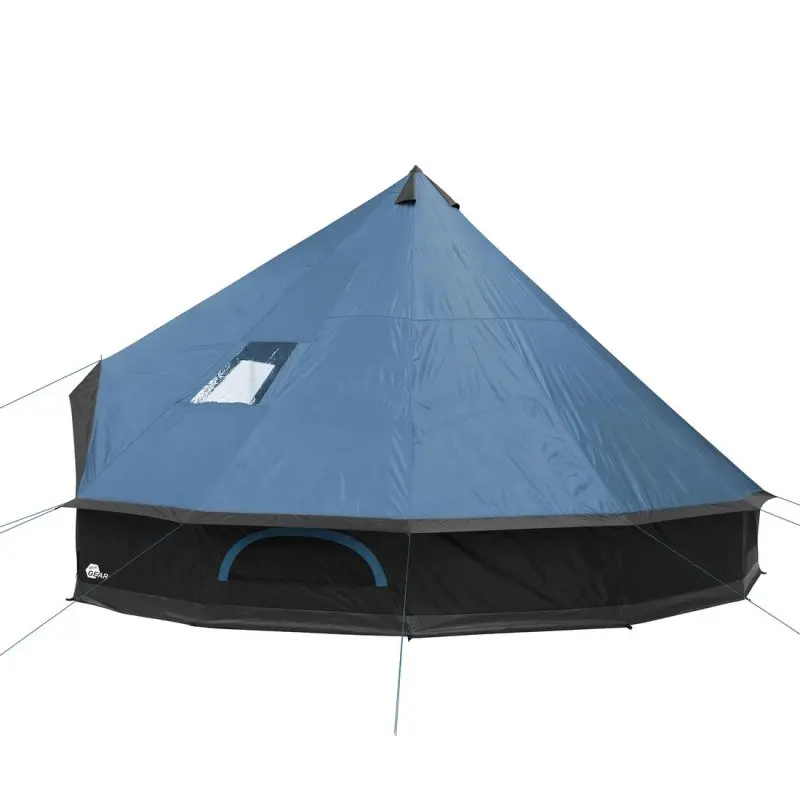 Tente tipi your GEAR Ravello 500 pour 6-8 personnes, forme ronde avec toit bleu et base noire, grande fenêtre latérale, sol cuvette cousu et haubans visibles, idéale pour le camping en famille.