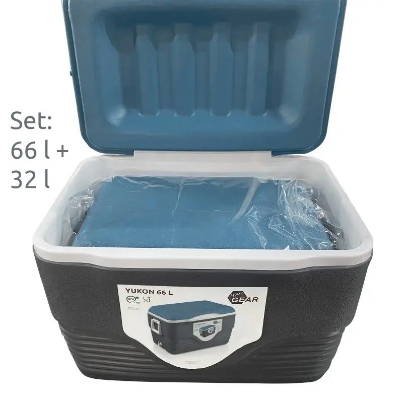 Set de 2 neveras your GEAR Yukon de 66 L y 32 L, ambas en color azul y negro, con tapa abatible y aislamiento grueso, diseñadas para mantener el frío durante más de 47 horas.