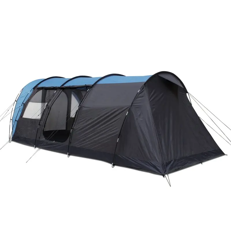Tente tunnel familiale your GEAR Bora 5 personnes, grande hauteur sous plafond, vaste espace intérieur, double entrée, fenêtres latérales, toile imperméable bleu et gris, idéale pour le camping en groupe.