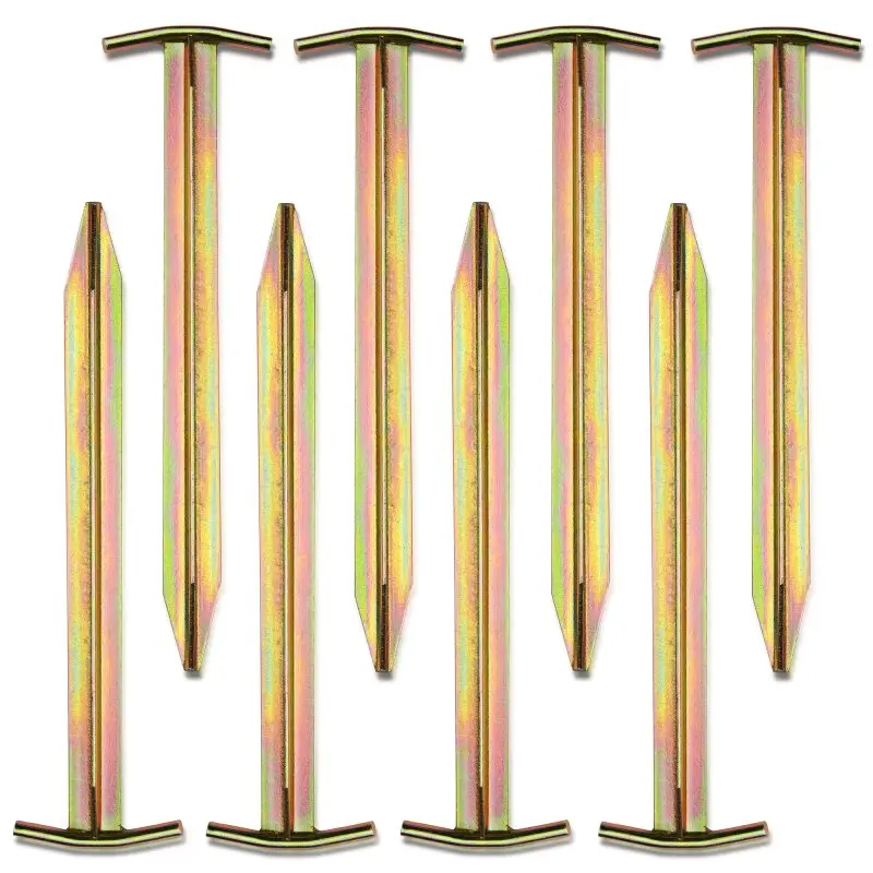 Set of 8 your GEAR steel tent pegs, T-profile design, robust ground anchors, gold-colored finish, each peg measures 300 x 80/25 x 20 mm, ideal for securing tents in windy conditions.