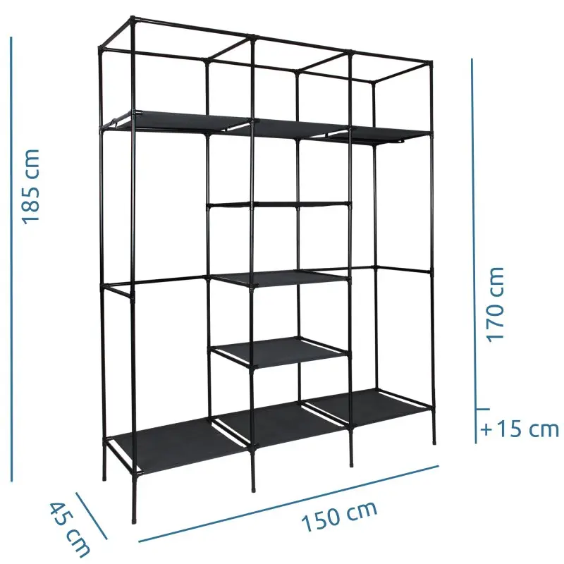 yourGEAR Grado fabric wardrobe, black metal frame, 150x45x185 cm, features 2 clothes rails and 9 shelves, open design for storage of clothes, shoes, and accessories, ideal for modern interiors.