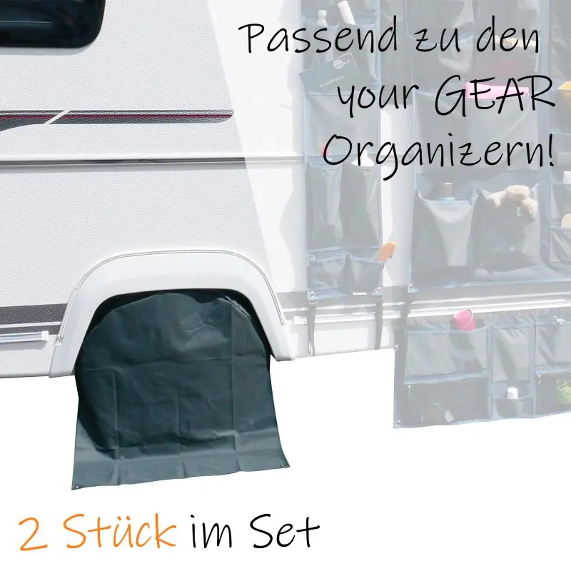 Coppia di copriruote yourGEAR neri per caravan e camper (16/17"), telo resistente con protezione UV, forma semicircolare per ruota con parte inferiore estesa per barriera al vento e insetti.