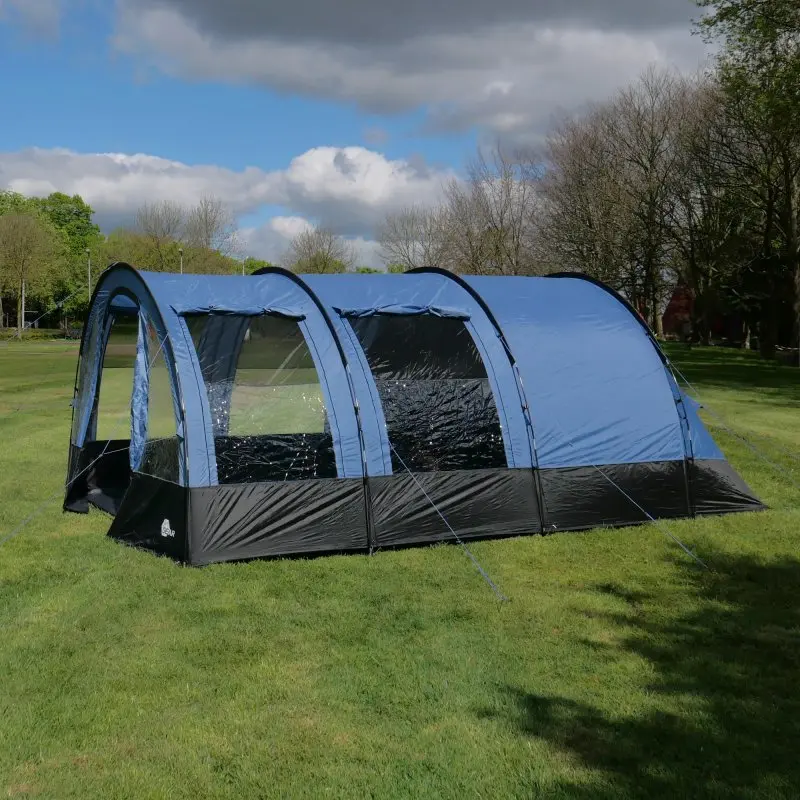 Tente tunnel familiale your GEAR Mistral 5 personnes, 490x310x195 cm, couleur bleue avec grandes fenêtres transparentes, protection UV 50+, imperméabilité 3000 mm, spacieuse, idéale pour le camping en famille.