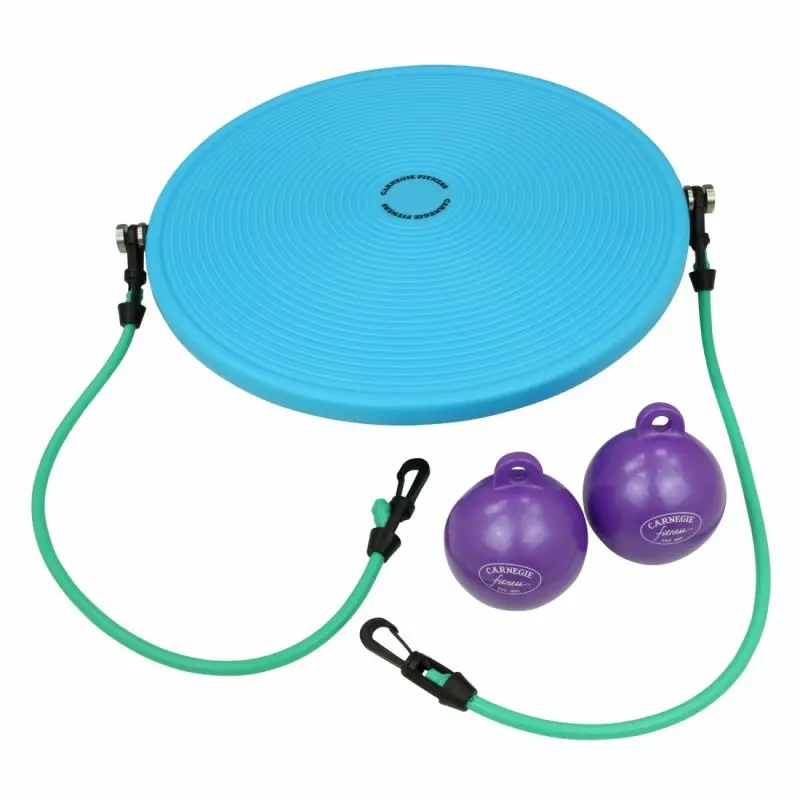 Balance-Board Carnegie IsoDisc in Blau mit zwei grünen Expander Tubes und zwei lila Gewichtsbällen von Carnegie Fitness, ideal für Gleichgewichts- und Krafttraining.