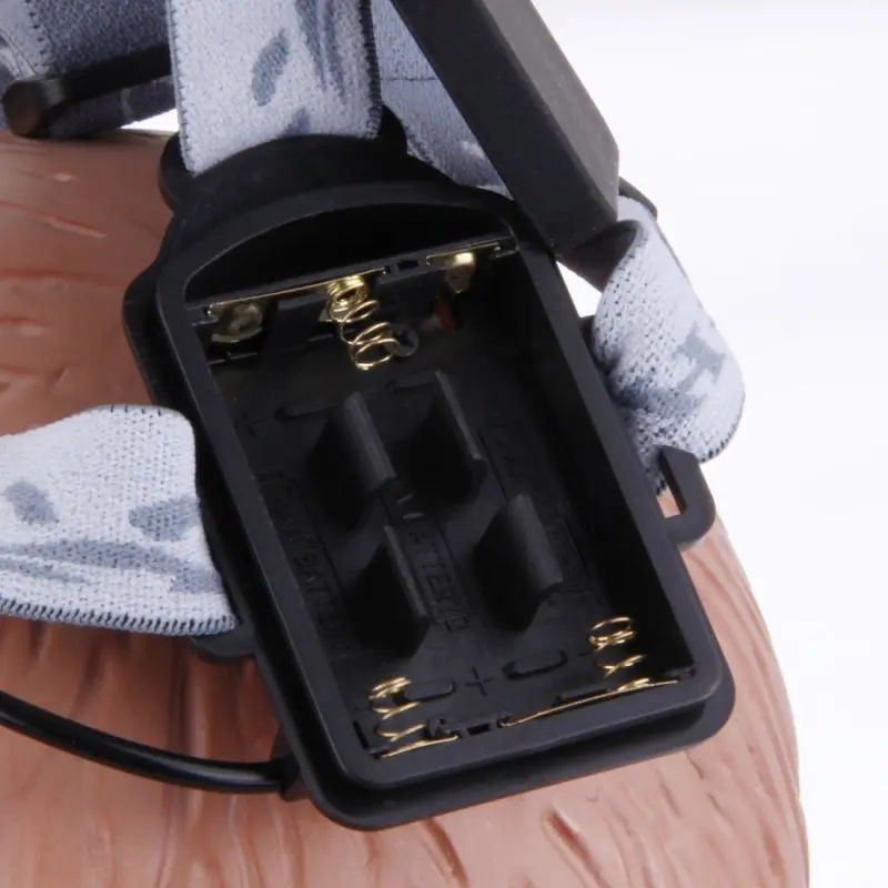 Open battery compartment of the 10T SHL 170 sensor headlamp, showing slots for two AA batteries, black plastic casing, and adjustable head strap in blue-grey color.