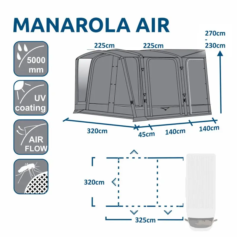 Avance de tienda inflable your GEAR Manarola Air para furgoneta, 320x325 cm, altura 230-270 cm, impermeable 5000 mm, protección UV, mosquitera y sistema de ventilación, ideal para camping y autocaravana.