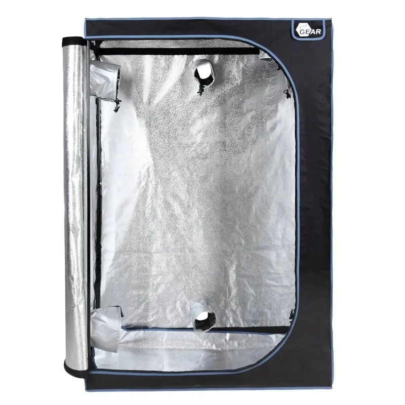 Growzelt yourGEAR Plantsville 120x60x180 cm, geöffnet, mit reflektierender Innenbeschichtung, mehreren Belüftungsöffnungen und stabilem schwarzen Rahmen, ideal für Indoor Pflanzenzucht und Hydroponik.
