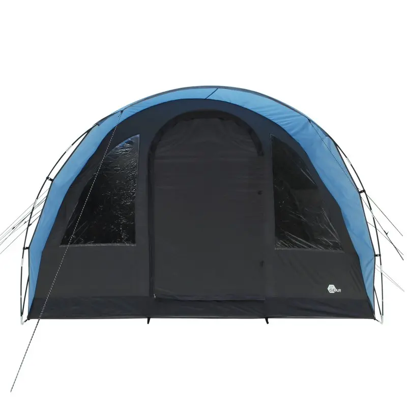 Tente tunnel familiale your GEAR Bora 5 pour 5 personnes, grande hauteur, couleur bleu et noir, deux grandes fenêtres latérales, entrée frontale, idéale pour le camping, matériau imperméable.