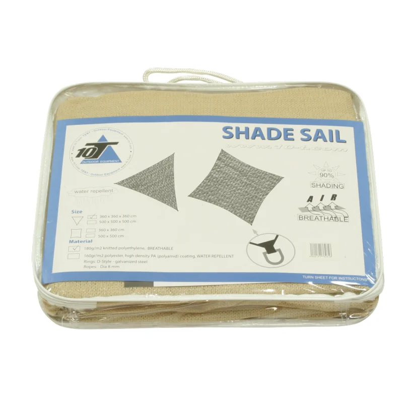 Sonnensegel 10T Emerson 3,6 m dreieckig, beige, in transparenter Transporttasche, mit Abspannleinen; auf Verpackung Hinweise zu 90 % UV-Schutz, wetterbeständig, atmungsaktiv, ideal für Garten und Camping.