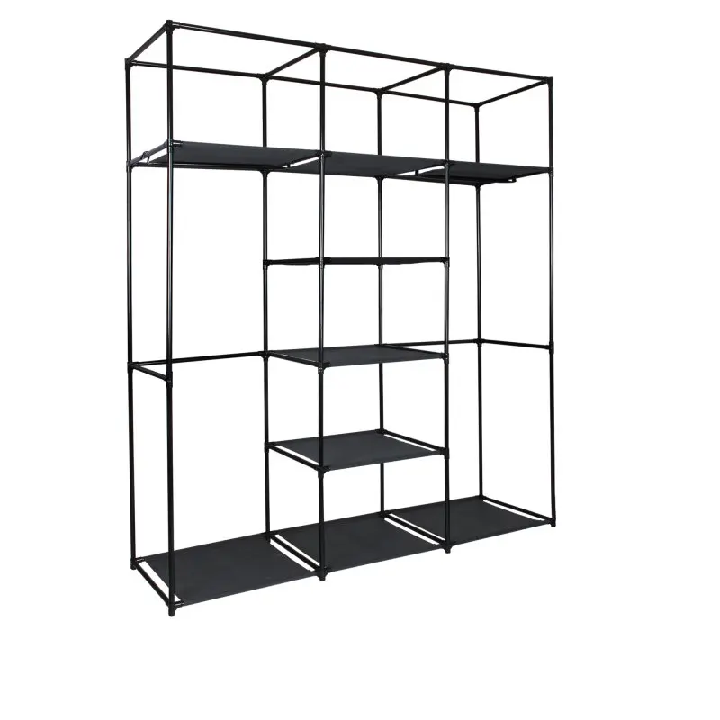 yourGEAR Grado fabric wardrobe frame, 150x45x185 cm, with 2 hanging rails and 9 shelves, black metal structure, open design for clothes, shoes, and accessories, suitable as closet or shelving unit.