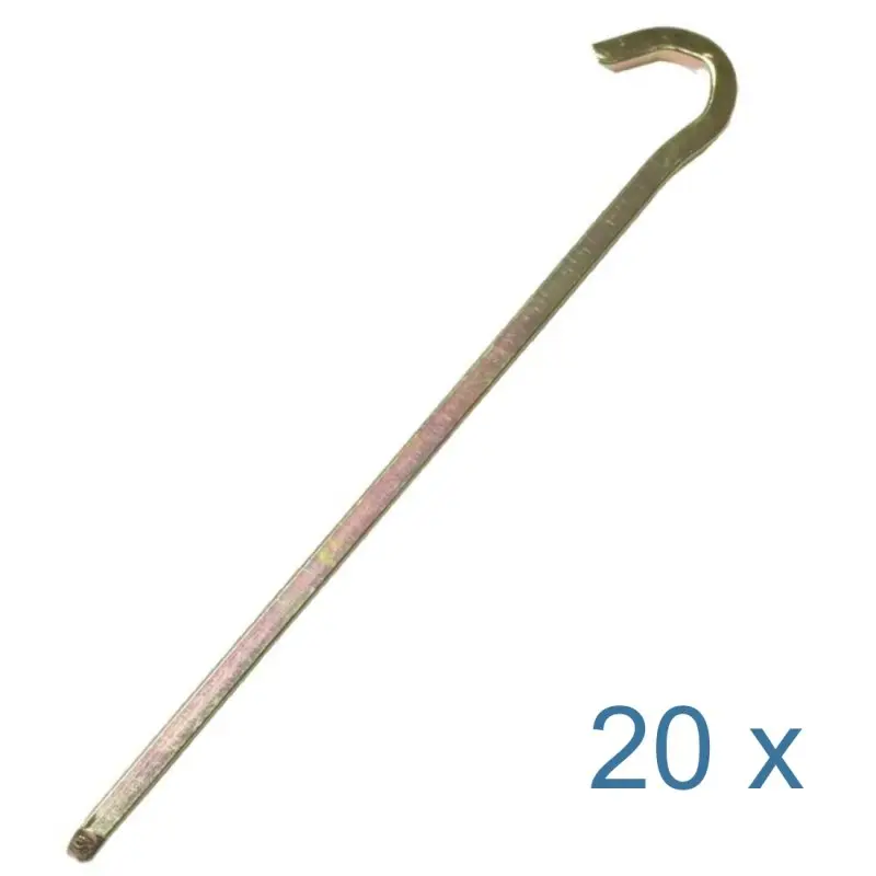 Set de 20 piquets de tente yourGEAR VK22, acier galvanisé, forme carrée 220x6x6 mm, extrémité courbée pour une fixation solide au sol, idéal pour camping sur sols durs et vent forts.