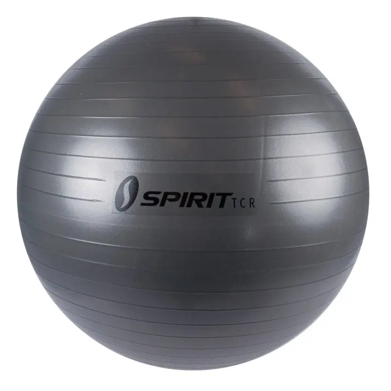 Gray Spirit TCR gym ball, 75 cm diameter, with anti-burst design and horizontal grip lines. Ideal for fitness, yoga, office sitting, and core training. Includes visible Spirit TCR logo on the surface.