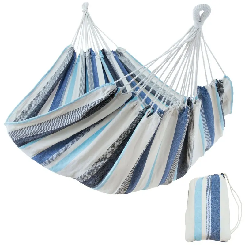 Hamac yourGEAR Cebu Aqua 220x160 cm en coton, rayures bleues et blanches, capacité 300 kg, avec cordes de suspension solides et sac de transport assorti, idéal pour intérieur et extérieur.
