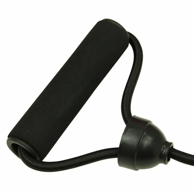 Close-up of a black foam handle with an attached resistance band, part of the Carnegie Balance Ball Balance Board set for fitness and strength training.